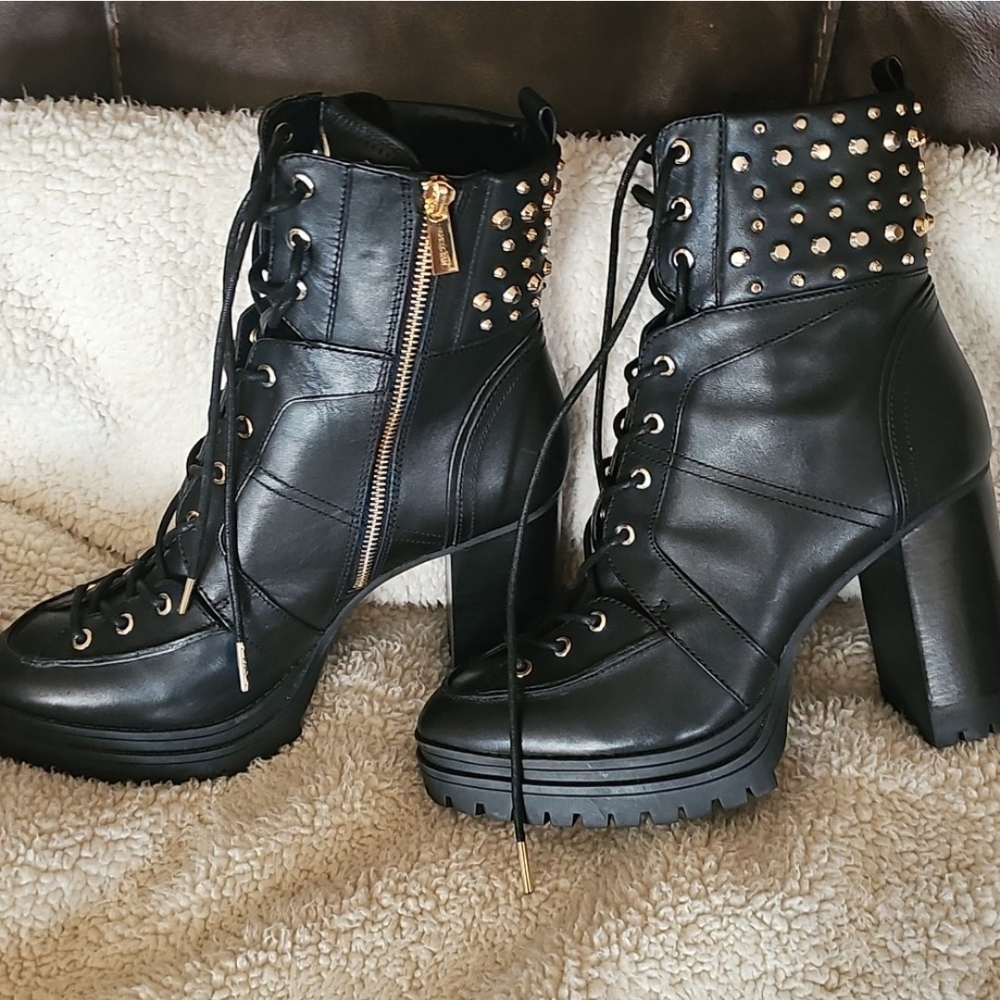 ISO: Michael Kors Black Or Luggage Lace Up Gold Studded Boots with Chunky Sole